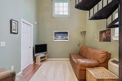 a living room with a couch and a television at Suites On Chocolate - The Zoo in Hershey