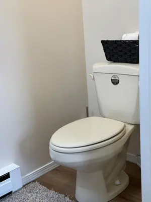 a bathroom with a white toilet with a black basket on top at Town House near Geisinger Medical Center in Danville