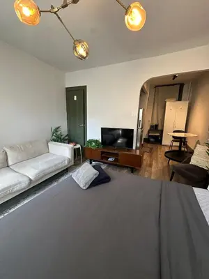 a living room with a couch and a tv at Cozy 2BR in NYC Lenox Hill in New York
