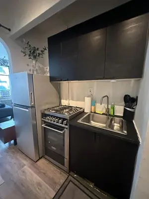 a kitchen with a stove and a sink and a refrigerator at Cozy 2BR in NYC Lenox Hill in New York