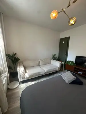 a living room with a couch and a television at Cozy 2BR in NYC Lenox Hill in New York