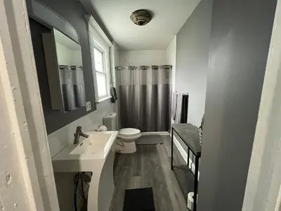 a bathroom with a sink and a toilet and a shower at The Grand Parkway is a unique getaway with charm! in East Orange