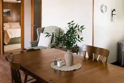 a dining room table with a potted plant on it at Beaver Creek Cabin 1 in Strasburg