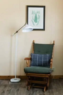 a lamp and a green chair in a room at Beaver Creek Cabin 5 in Strasburg