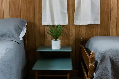 a bedroom with a bed and a table with a plant on it at Beaver Creek Cabin 5 in Strasburg