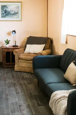 a living room with a couch and a chair at Beaver Creek Cabin 2 in Strasburg
