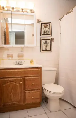 a bathroom with a toilet and a sink and a mirror at Sunny Fully Furnished Studio in Chelsea in New York