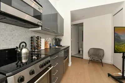 a kitchen with a stainless steel stove top oven at The Wolf of Wall Street Apartment in New York