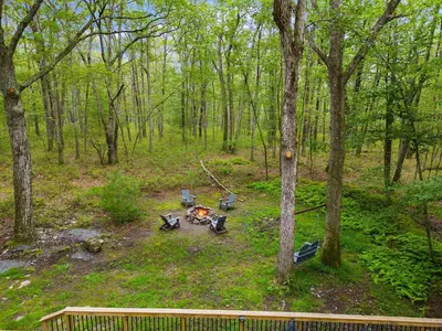 a group of chairs and a fire in the woods at Perfect Couples Cabin Fireplace Firepit & Wine Nearby in Hawley