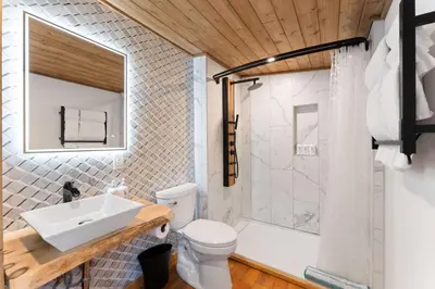 a bathroom with a sink and a toilet and a shower at Perfect Couples Cabin Fireplace Firepit & Wine Nearby in Hawley