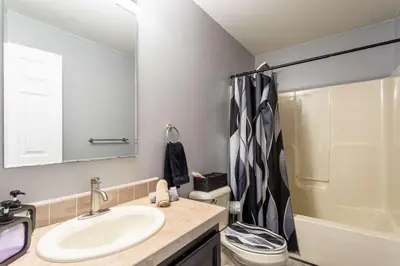 a bathroom with a sink and a toilet and a shower at Hot Tub Game Room Fenced Yard Dog Friendly in Albrightsville