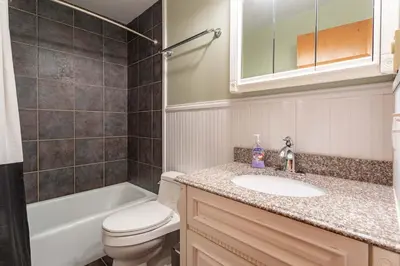 a bathroom with a toilet and a sink and a tub at Whispering Pines Chalet Game Room Fire Pit in Pocono Pines