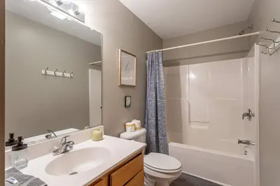 a bathroom with a sink and a toilet and a shower at Game Area Open Concept 4 BDR in Albrightsville