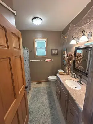 a bathroom with a sink and a toilet and a window at Wallenpaupack Lake house in Greentown