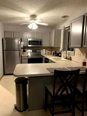 a kitchen with a stainless steel refrigerator and a table at Lake Cabin with Hot-Tub and Deck in Pennsylvania in Lake Ariel