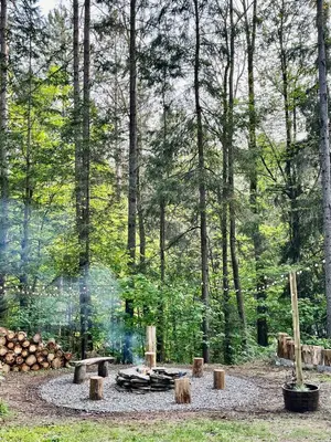 a fire pit in the middle of a forest at Stunning Catskills Cabin in Margaretville