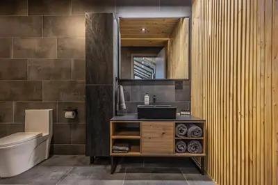 a bathroom with a sink and a toilet and a mirror at Luxury 6BR Mansion - Lakefront, Sauna, Hot Tub in Scotrun