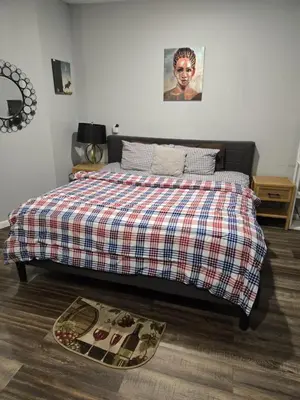 a bedroom with a bed with a plaid comforter at Rose room 8 in Newark