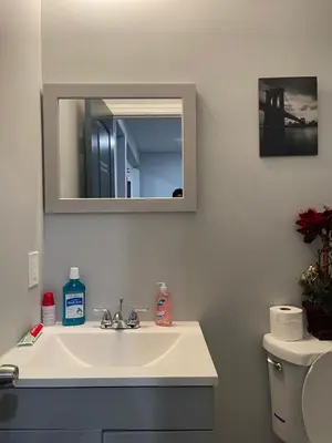 a bathroom with a sink and a mirror and a toilet at Beautiful Room 10D in Newark