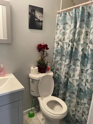 a bathroom with a toilet and a shower curtain at Beautiful Room 10D in Newark