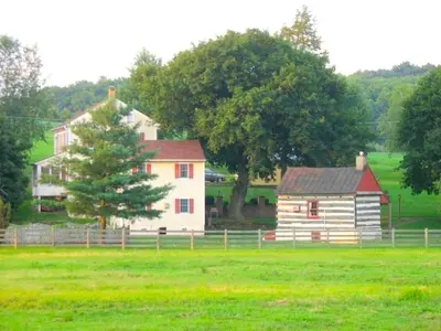 a house and a tree in a field at Secluded and Rustic Cabin with a Private Deck near Reading, Pennsylvania in Robesonia
