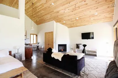 a living room with a couch and a fireplace at Luxurious Modern Chalet Rental on Top of the Shawangunk Mountains in New York in Cragsmoor