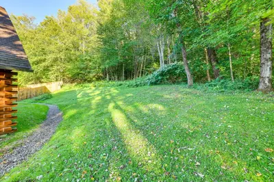 a yard with trees and green grass and a house at West Branch Delaware River Cozy Cabin Retreat! in Deposit
