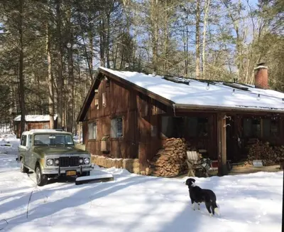 a dog standing in the snow next to a house at Rustic Cabin Retreat on the Ten Mile River in Narrowsburg, New York in Narrowsburg