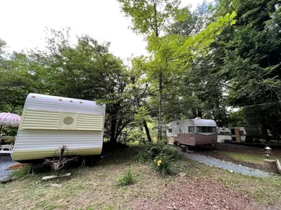 two rvs parked in a field next to trees at Vintage Shasta Camper for the best of NYC Glamping in Livingston Manor