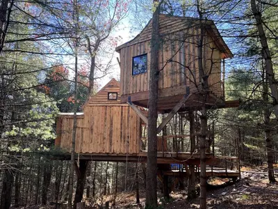 a tree house in the middle of the woods at Eco-Friendly, Abstract Treehouse Surrounded by Wildlife and Hiking Trails For a Special Getaway in Sparrow Bush, New York in Sparrow Bush