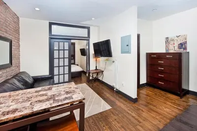 a living room with a couch and a television at The Ideal II Vibe 8558 in New York