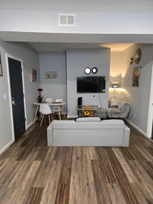 a living room with a couch and a tv at Lemon king room 4 in Newark