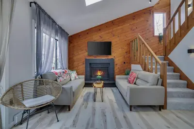 a living room with a couch and a fireplace at 3BR Home w Outdoor Fun Lake Fire Pit Games Grill in Tobyhanna