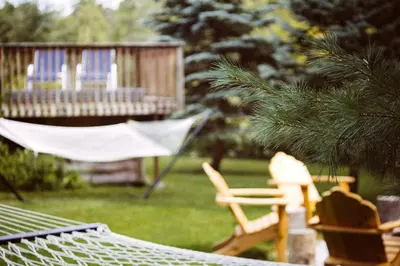 a hammock and chairs sitting on a lawn at Incredible New York Cabin with a Spa and Movie Theater in Livingston Manor