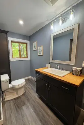 a bathroom with a sink and a toilet and a mirror at Cabin with Sauna Close to Skiing in Arrowhead Lake
