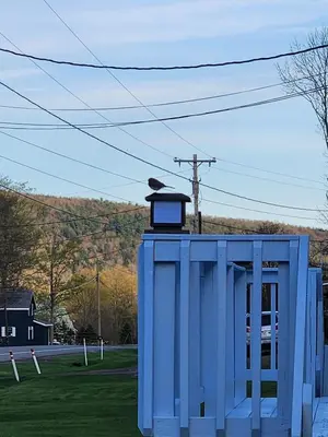 a blue building with a light on top of it at Countryside Comfort in Willseyville