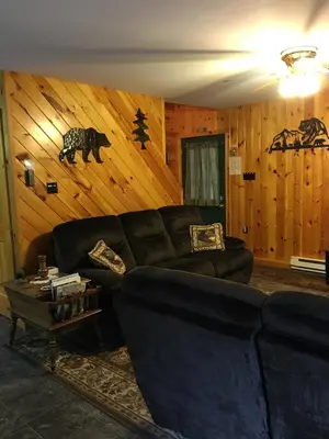 a living room with a black couch and wooden walls at Secluded Cabin Nestled in the Mountains near the Tioga State Forest, Pennsylvania in Blossburg
