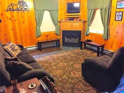 a living room with a couch and a fireplace at Secluded Cabin Nestled in the Mountains near the Tioga State Forest, Pennsylvania in Blossburg