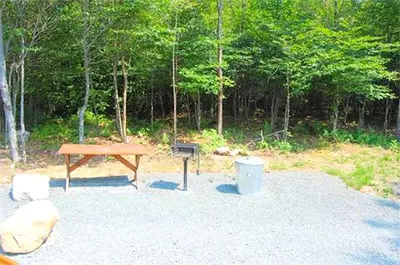 a picnic table and a grill next to a picnic table at Secluded Cabin Nestled in the Mountains near the Tioga State Forest, Pennsylvania in Blossburg