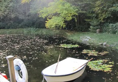 a small boat sitting in the water in a pond at Rustic Getaway Surrounded by Enchanting Forest near Philadelphia, Pennsylvania in Jim Thorpe