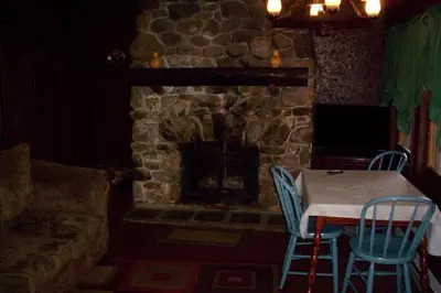 a table and chairs in a room with a fireplace at Quaint Lakefront Cabin Rental in Harveys Lake near Wilkes-Barre, Pennsylvania in Harveys Lake