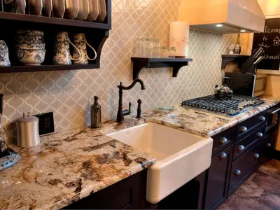 a kitchen with a sink and a counter top at Romantic Cottage Rental Tucked Away in the Countryside near Lancaster, Pennsylvania in Columbia