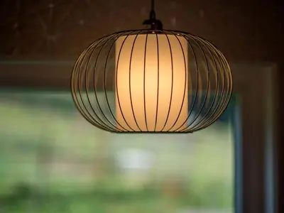 a pendant light hanging from a ceiling with a window at Modern Cottage Rental on a Peaceful Farm near Amish Country in Pennsylvania in Columbia