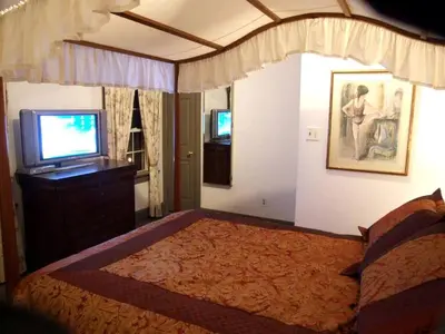 a bedroom with a bed with a tv and a bed sidx sidx sidx at Charming Cottage Getaway with an Indoor Fireplace in Chester Springs, Pennsylvania in Chester Springs
