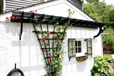 a white house with a pergola filled with roses at Charming Cottage Getaway with an Indoor Fireplace in Chester Springs, Pennsylvania in Chester Springs