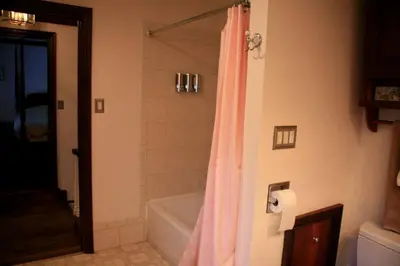 a bathroom with a pink shower curtain and a tub at Idyllic Cottage Getaway on a Country Estate in Chester Springs, Pennsylvania in Chester Springs
