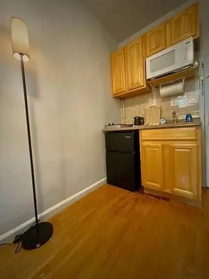 a small kitchen with a black refrigerator and a lamp at Chelsea Studio 5 - Shared Bathroom - 5th Floor Walk Up in New York
