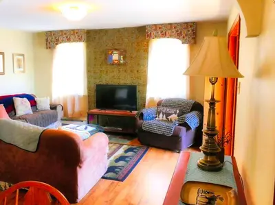 a living room with two couches and a lamp at Lakefront Cabin Rental with Incredible Sunsets on Lake Wallenpaupack, Pennsylvania in Hawley