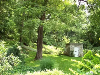 a garden with a tree and a white door at Spacious Cottage Rental with Creek Views near Harrisburg and Hershey, Pennsylvania in Middletown