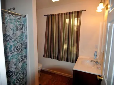 a bathroom with a shower curtain and a sink at Lakefront Vacation Rental with Superb Views over Lake Wallenpaupack in Hawley, Pennsylvania in Hawley